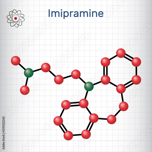 Imipramine molecule. Tricyclic antidepressant, TCA for treating depression. Sheet of paper in a cage. Molecular model. Vector illustration