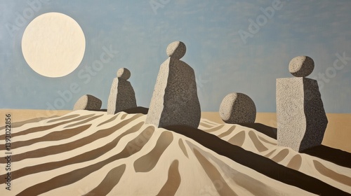 Surreal landscape with geometric rock formations under a bright sun or moon.
