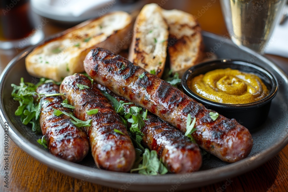 Plate of Botifarra, Catalan sausage dish, grilled to perfection, garnished with arugula, alongside toasted bread and mustard sauce. Concept of Botifarra emphasizes traditional Catalan cuisine. Plate of Botifarra, Catalan sausage dish, grilled to perfection, garnished with arugula, alongside toasted bread and mustard sauce. Concept of Botifarra emphasizes traditional Catalan cuisine.