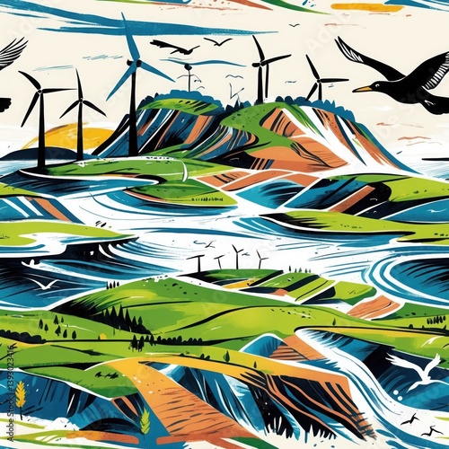 Green landscape seamless pattern background with wind turbines, hills, birds, and flowing water in varied colors.