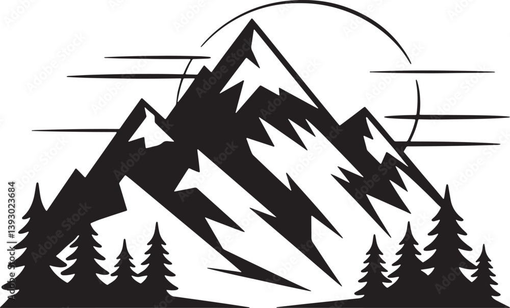 Obraz premium Black And White Mountain Landscape With Trees And Sun