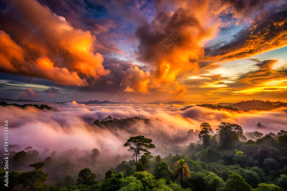 Dramatic clouds forming over a jungle at dusk, rich orange and purple hues in the sky, mist rising from the forest Dramatic clouds forming over a jungle at dusk, rich orange and purple hues in the sky, mist rising from the forest