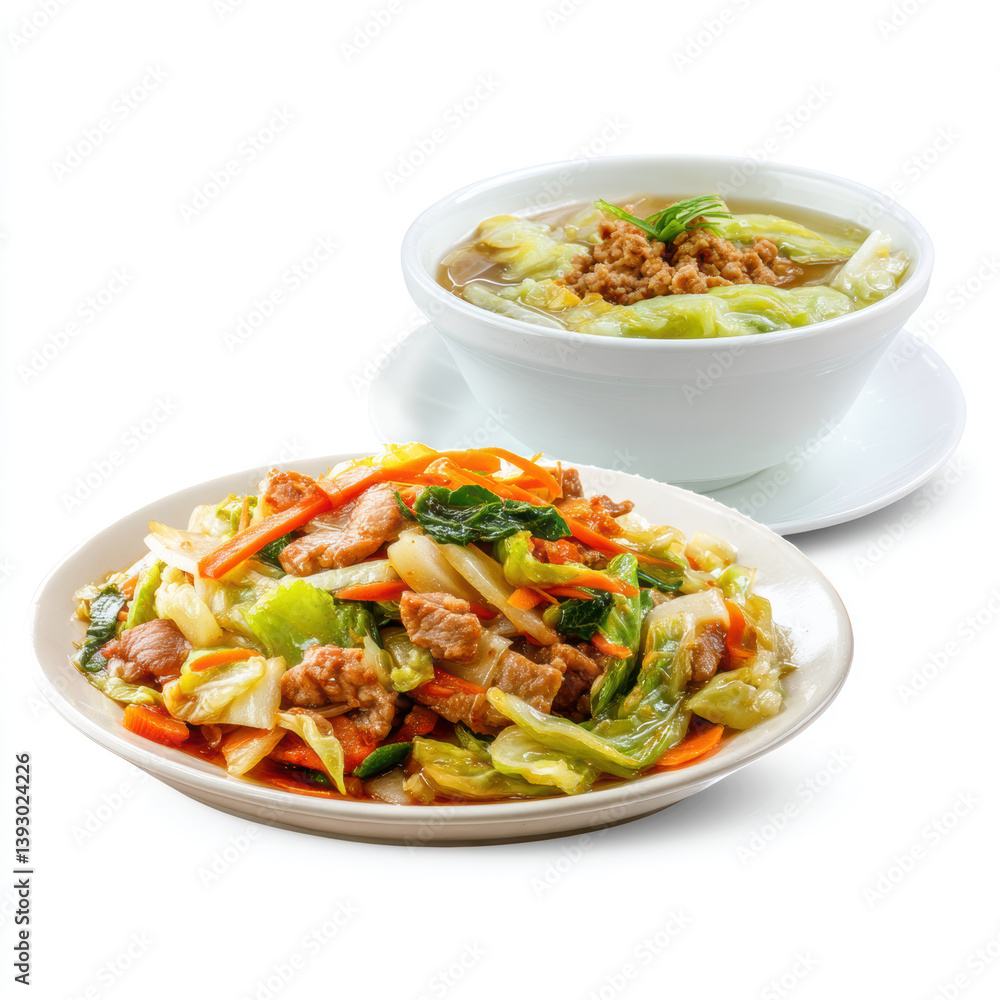 Stir-Fried Vegetables with Minced Meat and Soup. AI generative. Stir-Fried Vegetables with Minced Meat and Soup. AI generative.