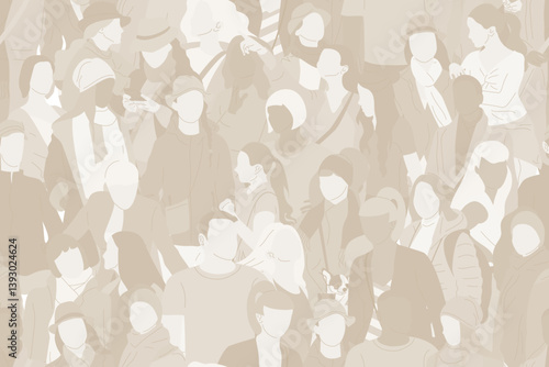 Seamless pattern with monochrome beige crowd of different people, pastel color men and women. Diversity concept. Pedestrians at rush hour walking. Vector illustration.