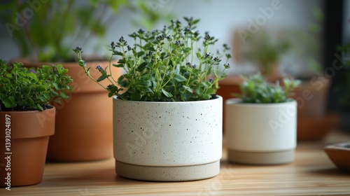 Wallpaper Mural Small potted plants, indoor,  on a wooden surface,  other plants in background Torontodigital.ca