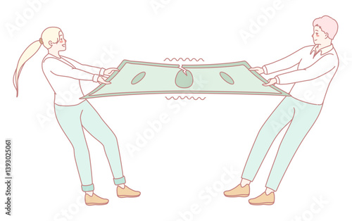 An illustration shows two people in a tug of war over a banknote, symbolizing their financial competition