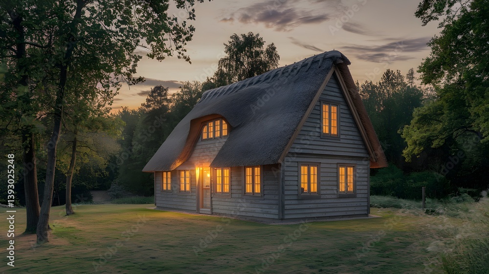 Enchanting Thatched-Roof House in a Grassy Clearing at Sunset Enchanting Thatched-Roof House in a Grassy Clearing at Sunset