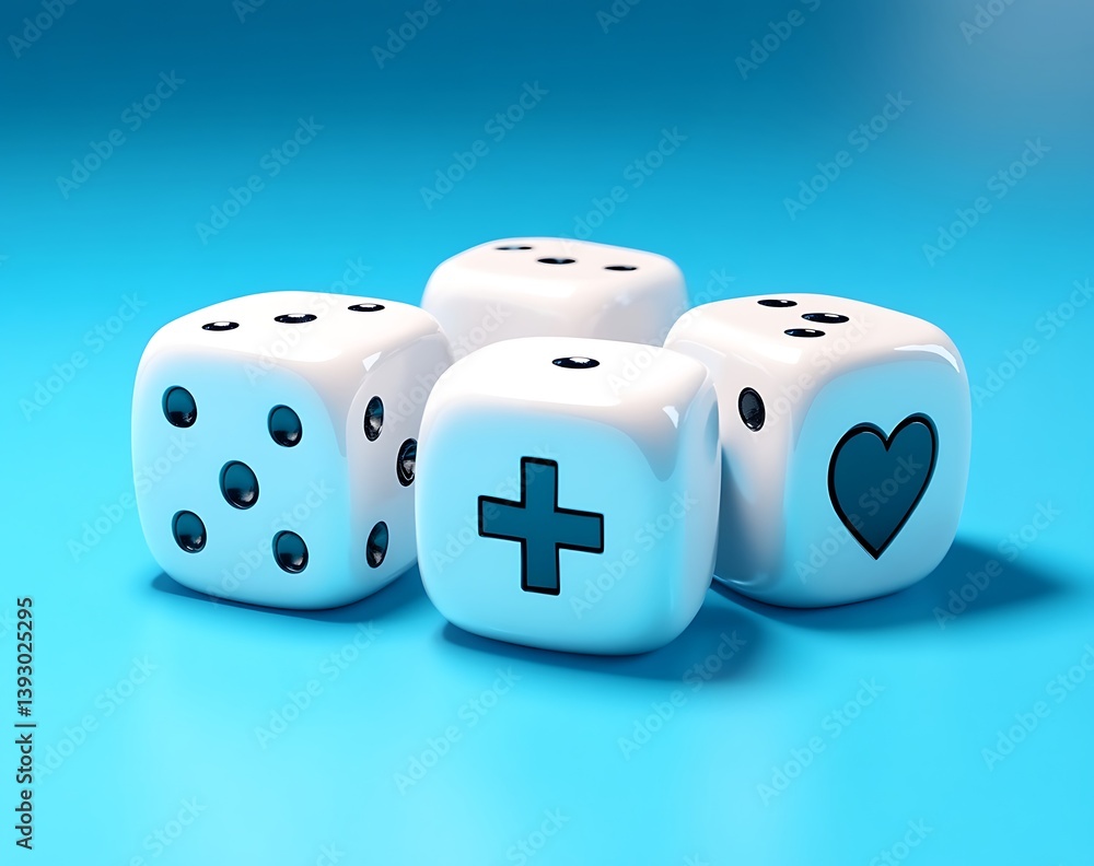 Three white dice with health, shield, and care icons on a blue background Three white dice with health, shield, and care icons on a blue background