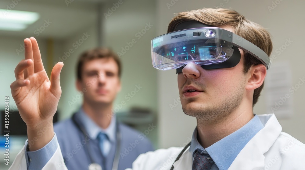A young doctor using augmented reality glasses to diagnose a patient --ar 16:9 --v 6.1 Job ID: 21e3a1c7-8f00-445f-977c-e216a25eb76a A young doctor using augmented reality glasses to diagnose a patient --ar 16:9 --v 6.1 Job ID: 21e3a1c7-8f00-445f-977c-e216a25eb76a