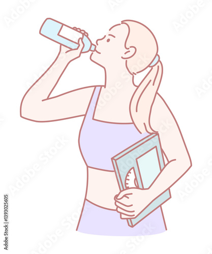 A fit woman drinks refreshing water while confidently holding a book, balancing fitness and knowledge