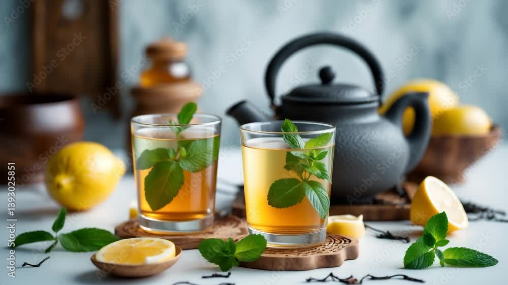 Japanese Chinese teapot with lemon, ginger, honey, and mint on a white table. A soothing glass infusion for chilly winter and fall days. Japanese Chinese teapot with lemon, ginger, honey, and mint on a white table. A soothing glass infusion for chilly winter and fall days.