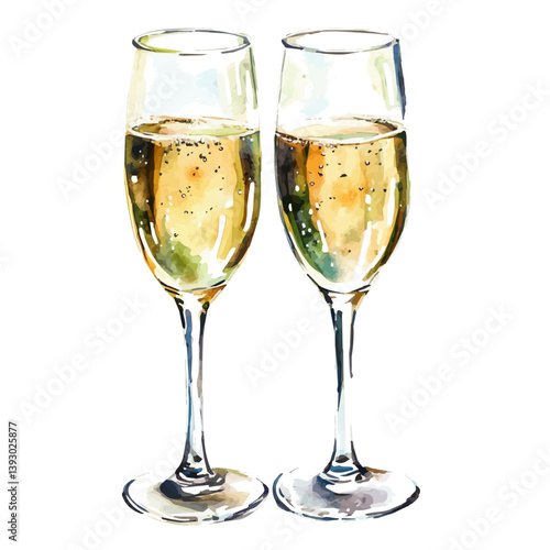 Romantic champagne glasses, watercolor illustration, isolated on a white background.

