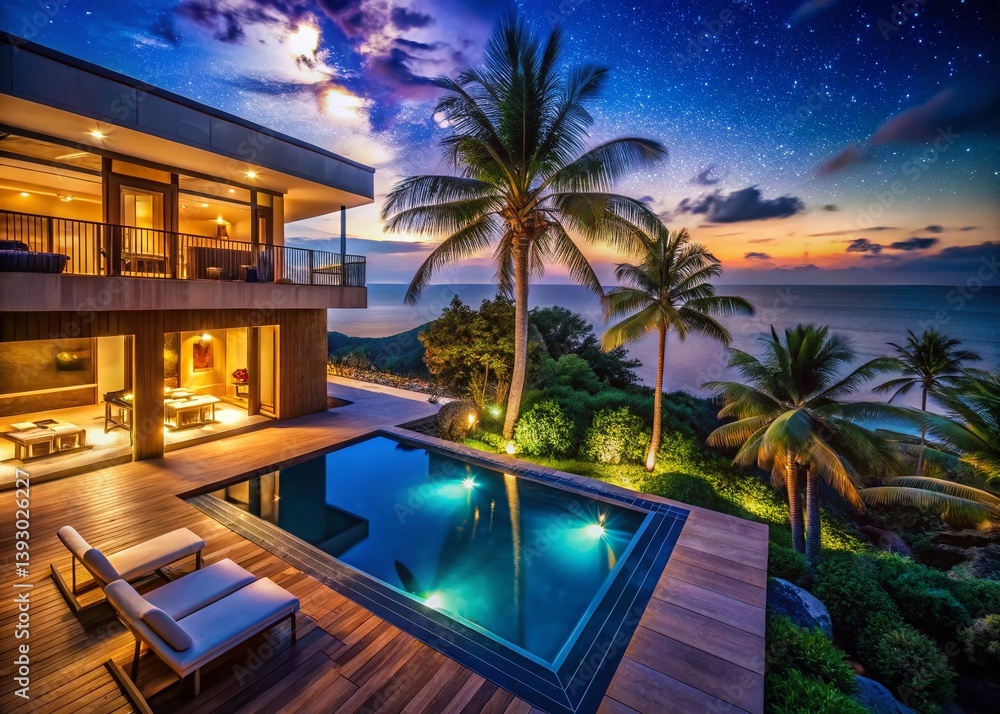 Fototapeta premium Night View Modern Tropical Villa Oceanfront Luxury Home