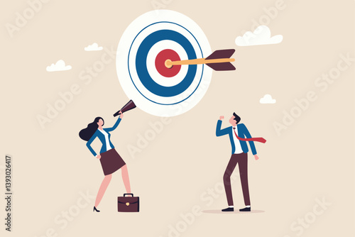 Effective communication for team success and achieve goal, meeting or discussion to speak the same goal, communicate important purpose concept, business people speak on megaphone the same target.