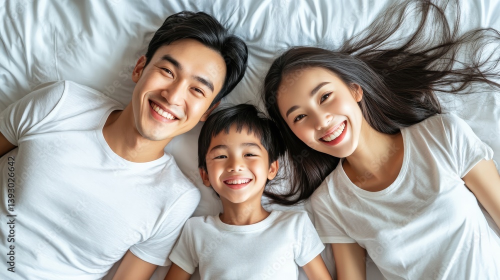 Happy Family Portrait on Bed with Joyful Expressions Happy Family Portrait on Bed with Joyful Expressions