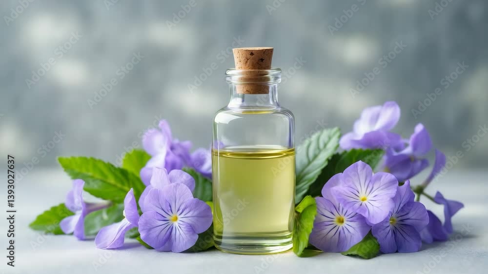 Container of essential oil next to fresh flowers, beauty treatment, holistic healing. Container of essential oil next to fresh flowers, beauty treatment, holistic healing.