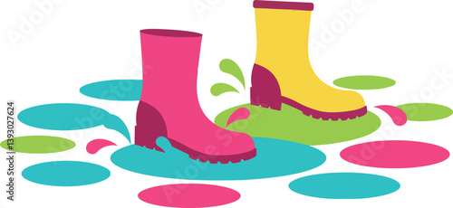 Colorful rubber boots splashing in vibrant puddles in flat vector art