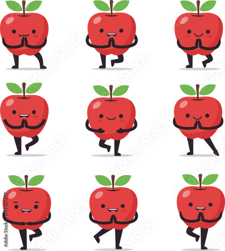 Playful red apples with limbs showcasing various cheerful expressions in a flat vector art style