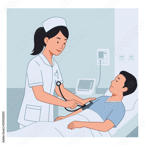 Caring Nurse Checking Patient's Health: A dedicated nurse, wearing a crisp uniform and cap, attends to a patient in a modern hospital setting.