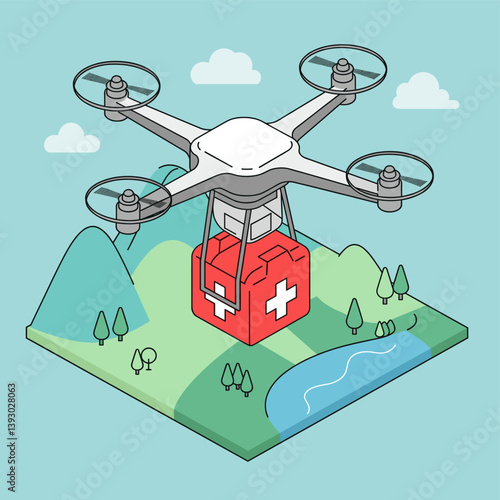 Drone Delivery of First Aid: A cutting-edge drone delivers essential medical supplies, symbolizing innovation and rapid response in healthcare within a stylized landscape.