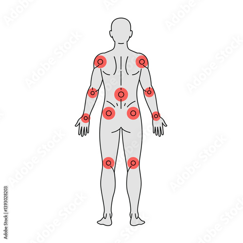 Human Body Pain Zones: A detailed visual representation, pinpointing the potential areas of discomfort, designed for medical and wellness contexts.