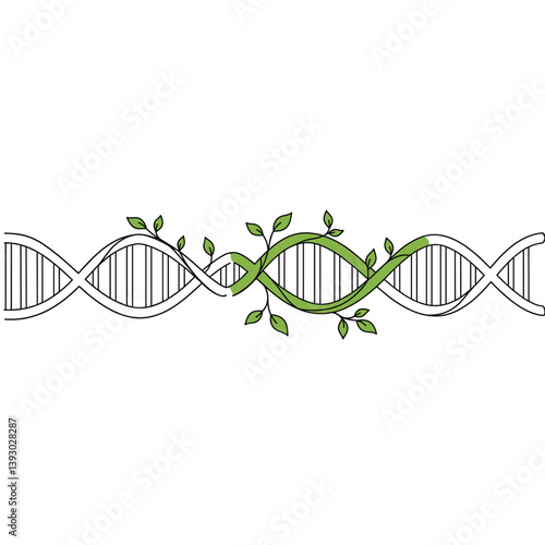 DNA Strand with Organic Growth: A visual depiction of a DNA double helix intertwined with a vibrant green plant, symbolizing the intricate relationship between life, biology, and nature.