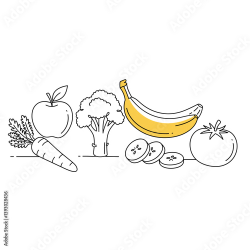 Wholesome Fresh Fruit and Vegetable Lineup: An artistic and appetizing illustration captures the essence of health, featuring a vibrant collection of fresh fruits and vegetables.