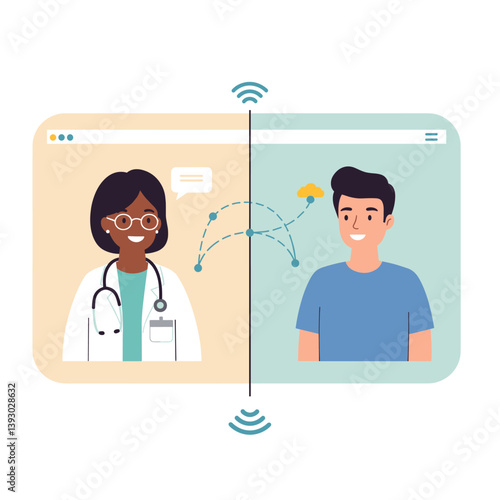 Telehealth Consultation: A digital healthcare interaction between a doctor and patient, connected via a seamless virtual interface, facilitating diagnosis and support.