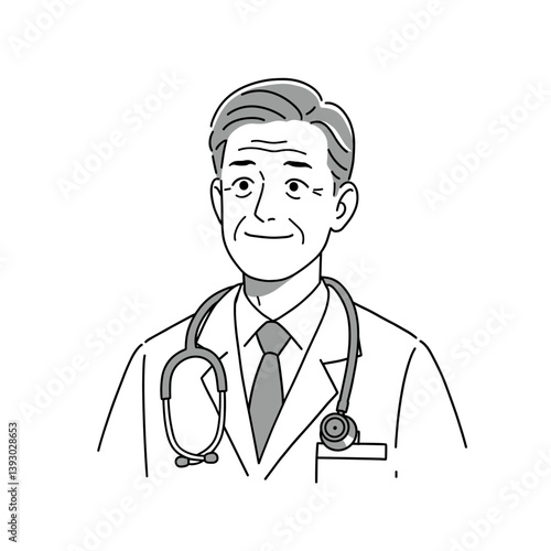 Dedicated Doctor's Portrait: A trustworthy physician, radiating warmth and experience, gazes directly at the viewer with a gentle, assuring smile, his stethoscope draped around his neck.