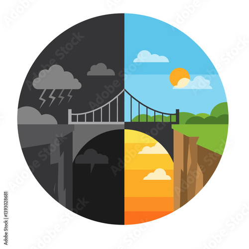 A Bridge to Better Days: A visual metaphor of transformation, depicting a bridge spanning a chasm, representing the transition from dark, stormy times to bright, sunny ones. 