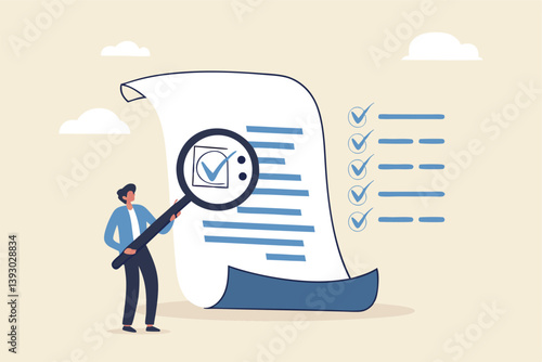 Inspect or review document, report or legal audit, quality assurance, search for document, information or research, investigate, proof or checking concept, businessman with magnifier inspect document.