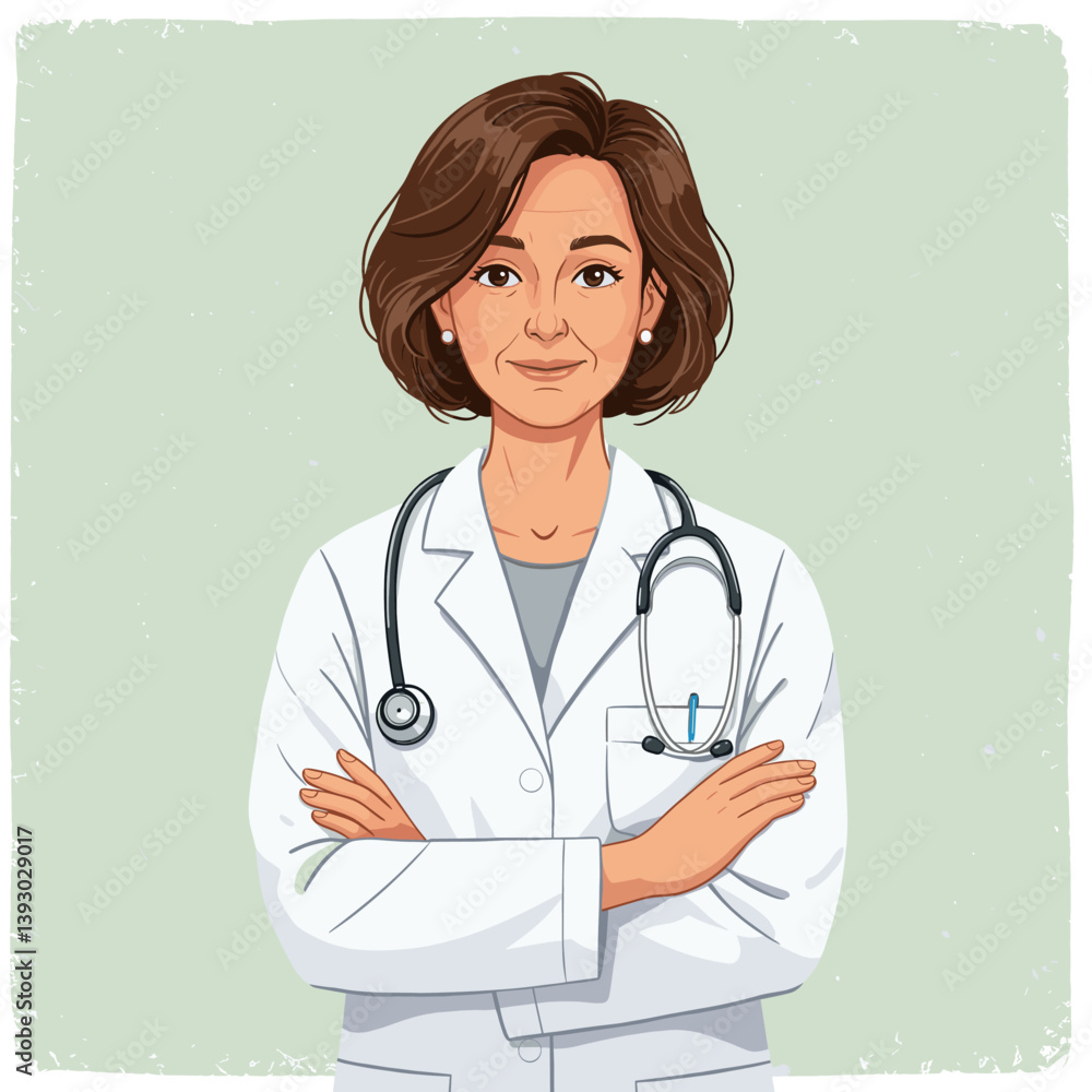 The Professional Doctor: A confident, well-groomed female doctor stands with crossed arms, wearing a pristine white coat and stethoscope. Portraying competence and care in the field of medicine. The Professional Doctor: A confident, well-groomed female doctor stands with crossed arms, wearing a pristine white coat and stethoscope. Portraying competence and care in the field of medicine.