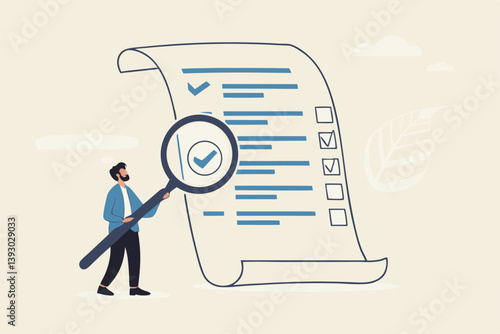 Inspect or review document, report or legal audit, quality assurance, search for document, information or research, investigate, proof or checking concept, businessman with magnifier inspect document.