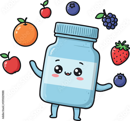 Cheerful cartoon jar character juggling colorful fruits in a playful, minimal vector illustration