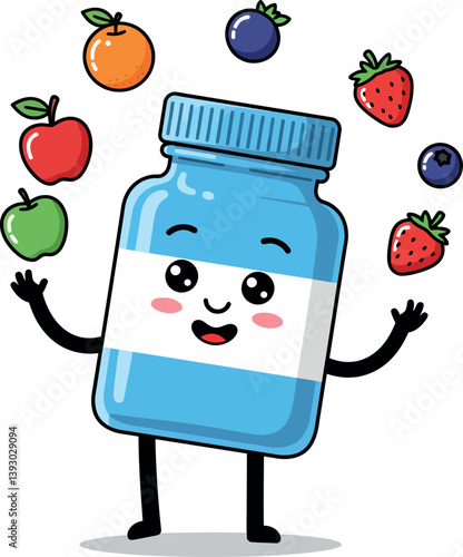 Cartoon-style happy bottle juggling colorful fruits in a playful, minimal vector illustration