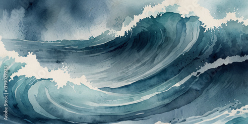 Vector watercolor ocean wave line blue and white background. Ocean sea art with natural template. Seamless soft blue ocean pattern wave water background.