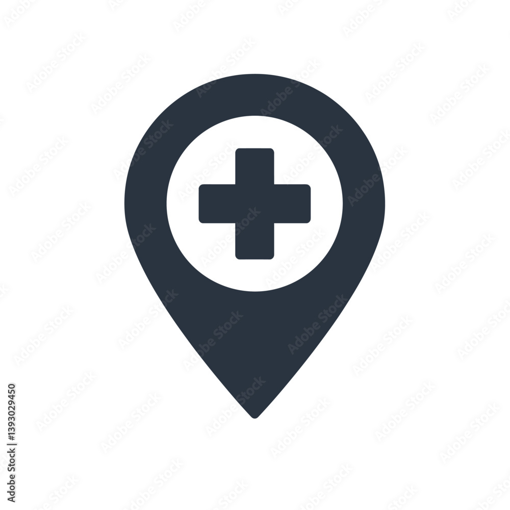 Location of Care: A minimalist design depicting a dark blue map pointer with a medical cross symbol, conveying a clean and professional representation of health and care services. Location of Care: A minimalist design depicting a dark blue map pointer with a medical cross symbol, conveying a clean and professional representation of health and care services.