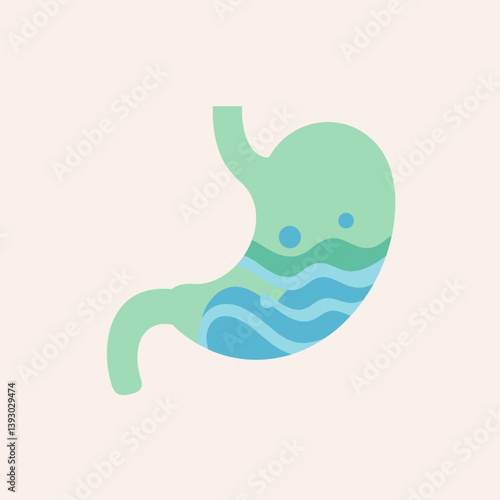 Human Stomach illustration: A clean, schematic illustration of a human stomach, with colored internal elements, on a gentle cream background, designed for educational purposes and medical concept.