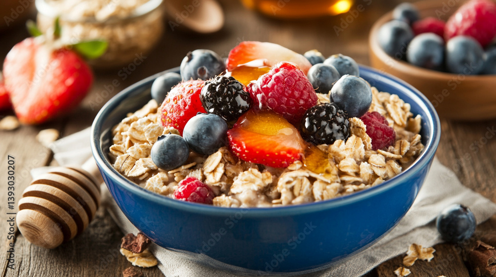 Freshly prepared bowl of oatmeal topped with berries and honey, set on a rustic wooden table Freshly prepared bowl of oatmeal topped with berries and honey, set on a rustic wooden table