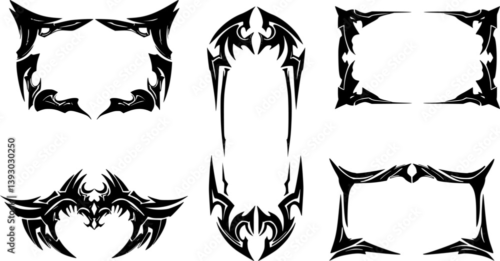 Fototapeta premium Neo Tribal Frames Set. Y2K Tattoo Borders. Vector Gothic Acid Rectangle Shapes in Cyberpunk 2000s Style 
