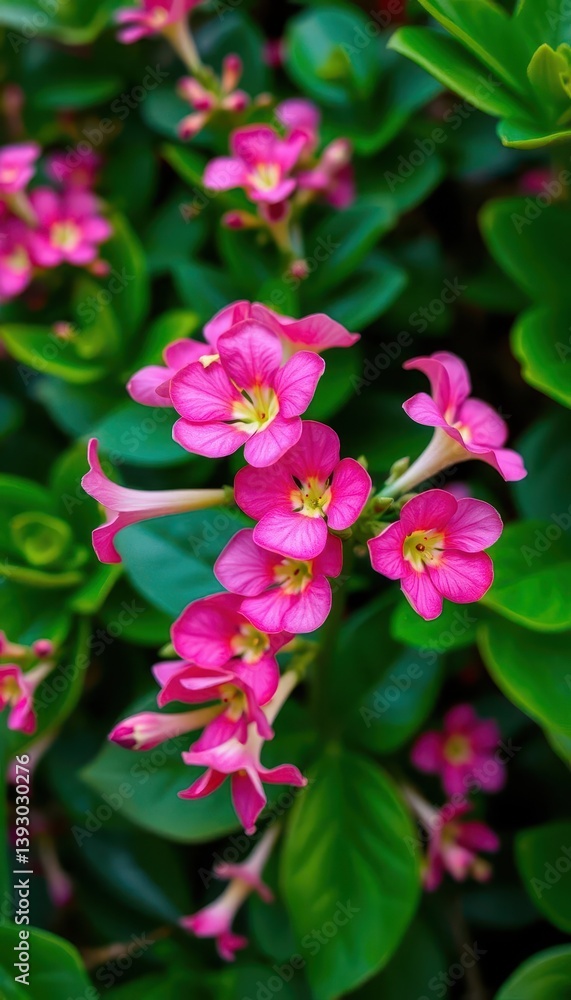 Close-up of vibrant pink Adenium obesum blossoms, lush green foliage backdrop, plant photography, leaves, beauty Close-up of vibrant pink Adenium obesum blossoms, lush green foliage backdrop, plant photography, leaves, beauty