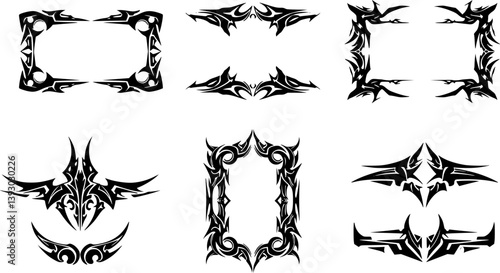 Neo Tribal Frames Set. Y2K Tattoo Borders. Vector Gothic Acid Rectangle Shapes in Cyberpunk 2000s Style
