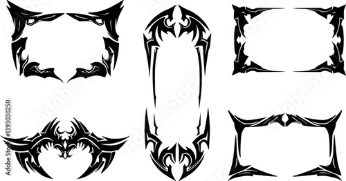 Neo Tribal Frames Set. Y2K Tattoo Borders. Vector Gothic Acid Rectangle Shapes in Cyberpunk 2000s Style
