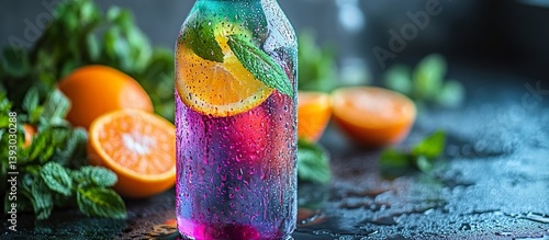 A vibrant sports bottle filled with a neon-colored electrolyte drink, condensation forming on the surface, with fresh oranges and mint in the background.