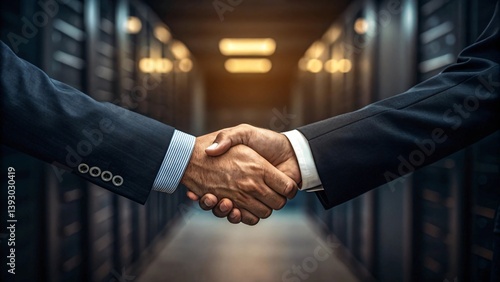 Business Handshake in Server Room – Hyper realistic Close-Up in Dramatic Light

