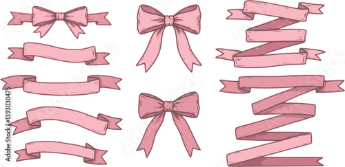 Pink Coquette Bow Set. Vector Retro Ribbons Illustration. Bowknot for Print, Patterns, Postcard, Valentines Cards, Menu, Wedding Invitations, Poster, Branding and Logo