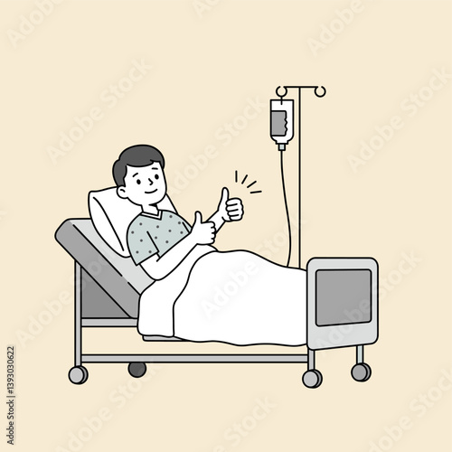 Hospital Patient: A patient, lying in a hospital bed, conveys positivity and optimism with a cheerful thumbs-up gesture, symbolizing recovery and well-being during his treatment.