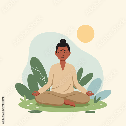 Serene Meditation: An illustration captures a figure in quiet meditation amidst a serene outdoor environment, creating a visual metaphor for inner peace and mindfulness.