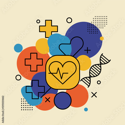 Heart Health in Design: A dynamic graphic, melding vital healthcare symbols like a beating heart, the cross, and DNA strands, forms a bold visual statement of wellness.