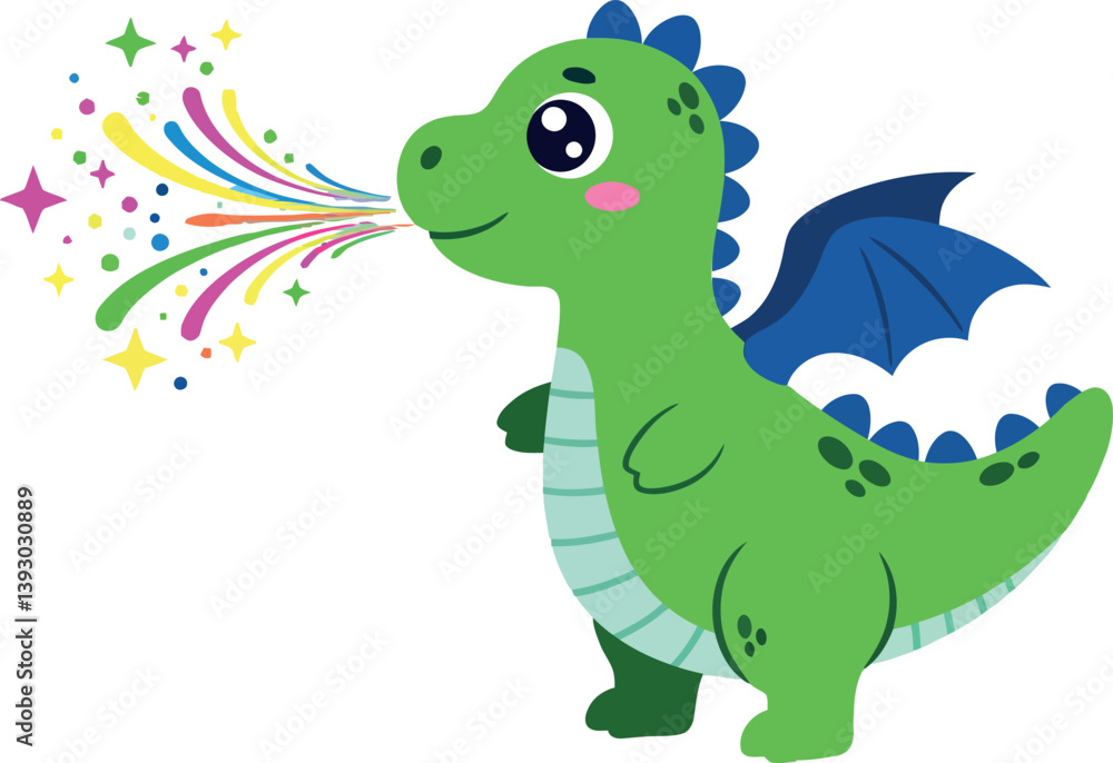 A cheerful green dragon with blue wings blowing colorful sparkles in a playful flat vector illustration A cheerful green dragon with blue wings blowing colorful sparkles in a playful flat vector illustration